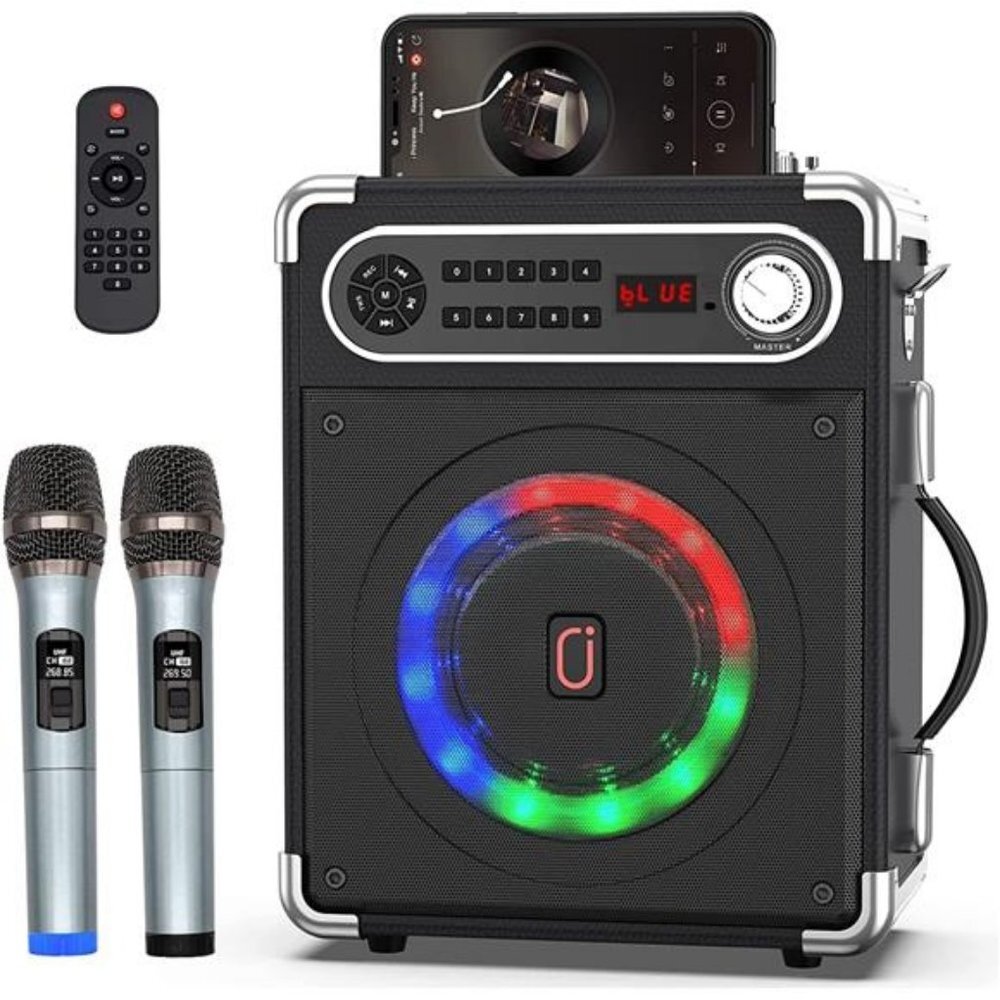 Karaoke Machine with Two Wireless Microphones, Portable Bluetooth Speaker